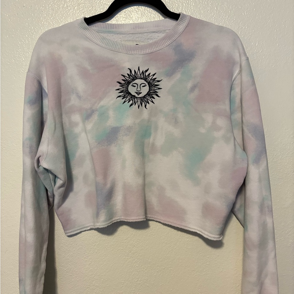 Hollister Pink and Blue Cropped Graphic Hoodie